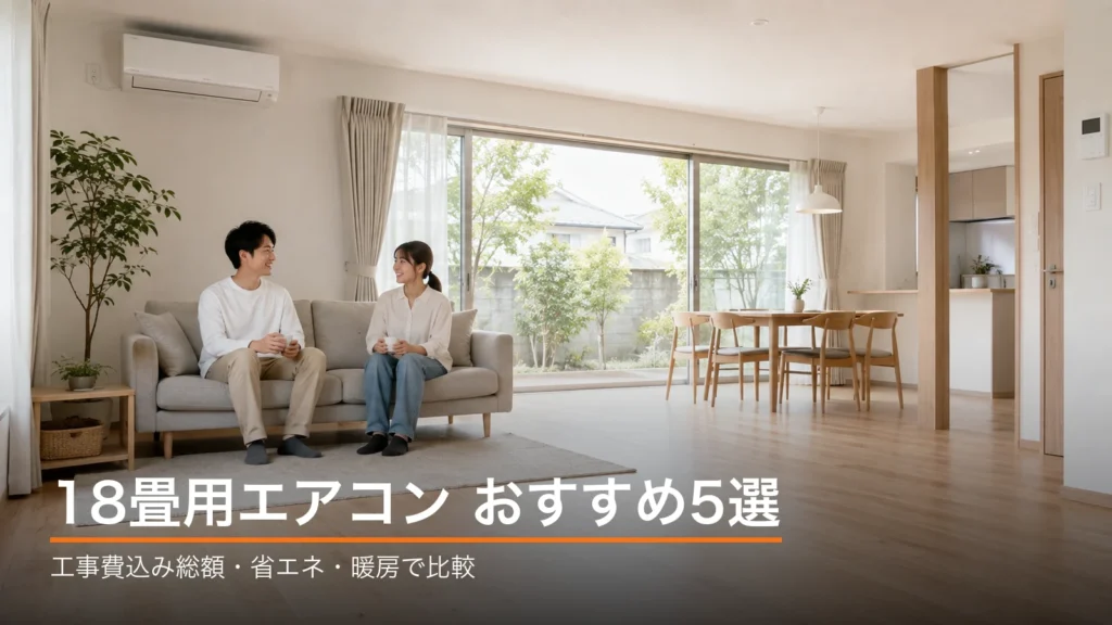 18畳のLDKで夫婦がソファに座ってくつろぐ様子と、18畳用エアコンおすすめ5選という記事タイトル