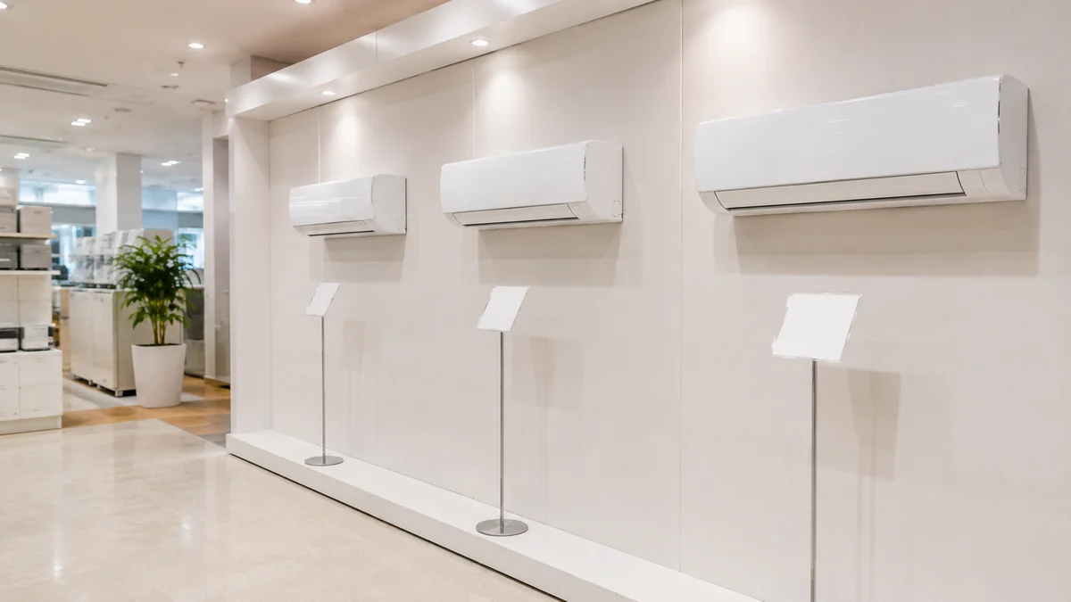 家電量販店のエアコン売り場に展示された壁掛けエアコン3台