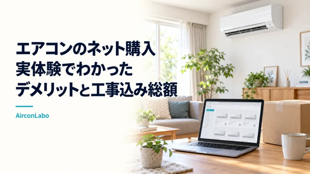エアコンのネット購入の実体験、デメリットと工事込み総額を紹介するアイキャッチ