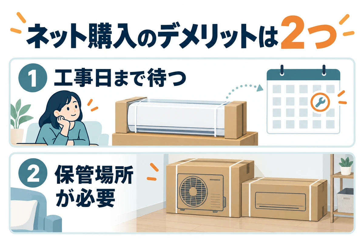 エアコンのネット購入のデメリットは、工事日まで待つことと保管場所が必要なこと