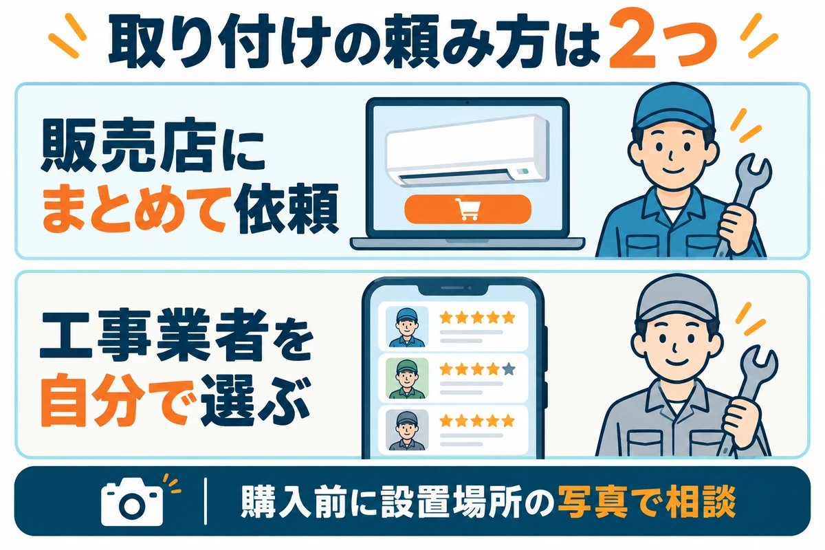 エアコン工事を販売店にまとめて依頼する方法と、自分で業者を選ぶ方法