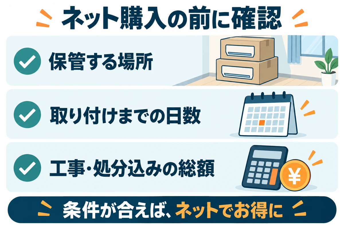 エアコンのネット購入前に確認する保管場所、工事までの日数、工事と処分込みの総額